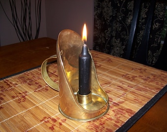 Vintage Brass Candleholder with Handle and Shield