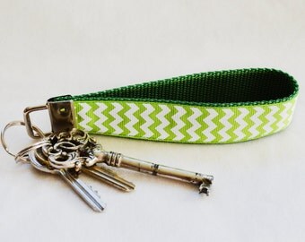 Stylish wristlet key fob, chevron pattern key chain, easy fit wristlet key ring, green chevron wristlet key fob