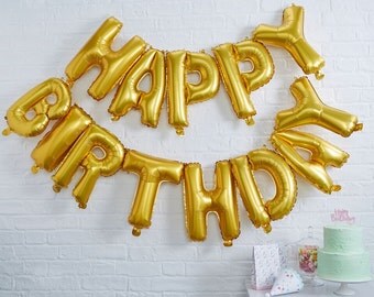 Gold Happy Birthday Balloon Bunting | Air Filled | Birthday Party Balloons | Gold Birthday Celebration | Gold Balloons | Gold Foil Balloons