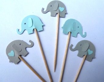 24 Elephant Cupcake Toppers, Blue and Gray, Boy Baby Shower, Gender Reveal, First Birthday, Food Picks, Ships in 3-5 Business Days