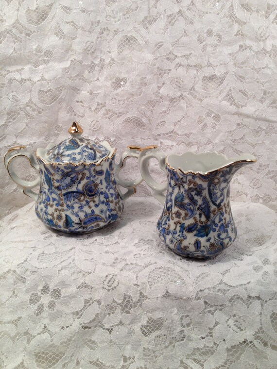 Lefton China Chintz. Blue Paisley Hand Painted Sugar Bowl and
