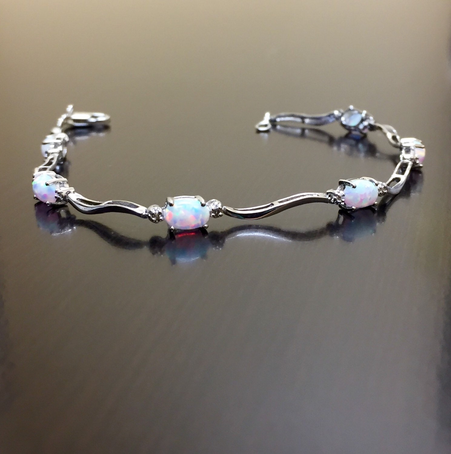 Sterling Silver Diamond Opal Bracelet Silver Opal Bracelet