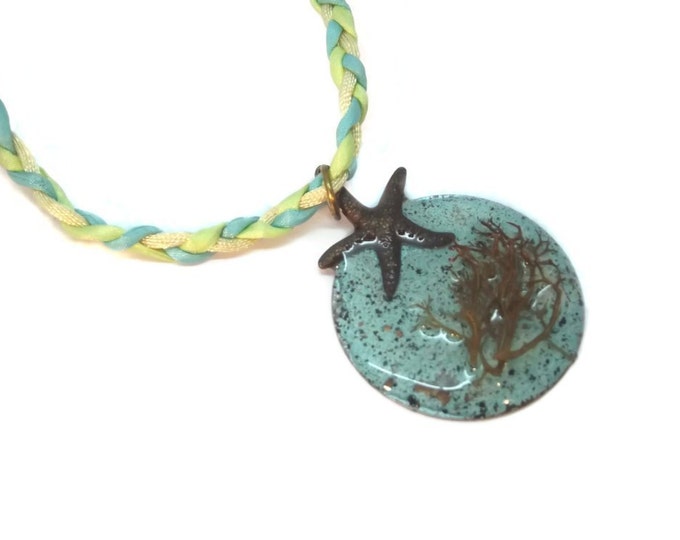 Sand and Sea Starfish and Seaweed Yellow, Blue & Green Pendant Necklace OOAK One of a Kind Beach Wear