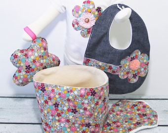 Baby Girl Gift Basket Clothing Set- Fashion Bib, Burp Cloth, Fabric Basket, Bodysuit, and Rattle Toy, Handmade
