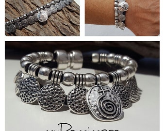 beaded leather Bracelet, coins, magnetic closure