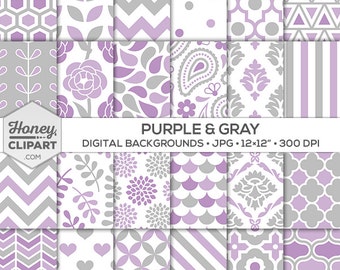 Digital Paper: Purple and Gray Graphic Design Patterns, Background Images, Purple Wallpapers, Floral, Flower Burst, Damask, Stripe, Chevron