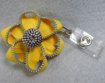 ID Badge Reel, Yellow Zipper Flower, Name Badge Holder, Upcycled-Recycled - Repurposed, ID Badge Holder, Retractable Badge Reel, Badge Clip