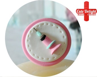 Pink syringe brooch, cute syringe, Pink syringe, fimo syringe, polymer clay syringe, custom syringe brooch, syringe brooch, Syringe pin