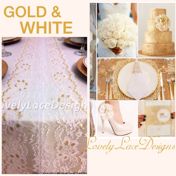 Gold Weddings/ Lace Table Runner White/Gold by LovelyLaceDesigns