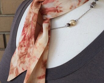 Handmade pure silk twilly. Small silk scarf. Pure silk crepedechine. Ecoprinted with Australian eucalyptus leaves. Red, orange.