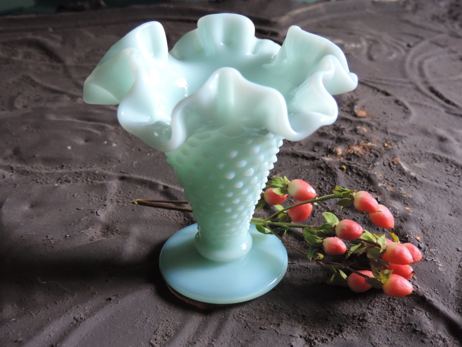 Reserved for Kimra Fenton Milk Glass Trumpet Vase Mint Green