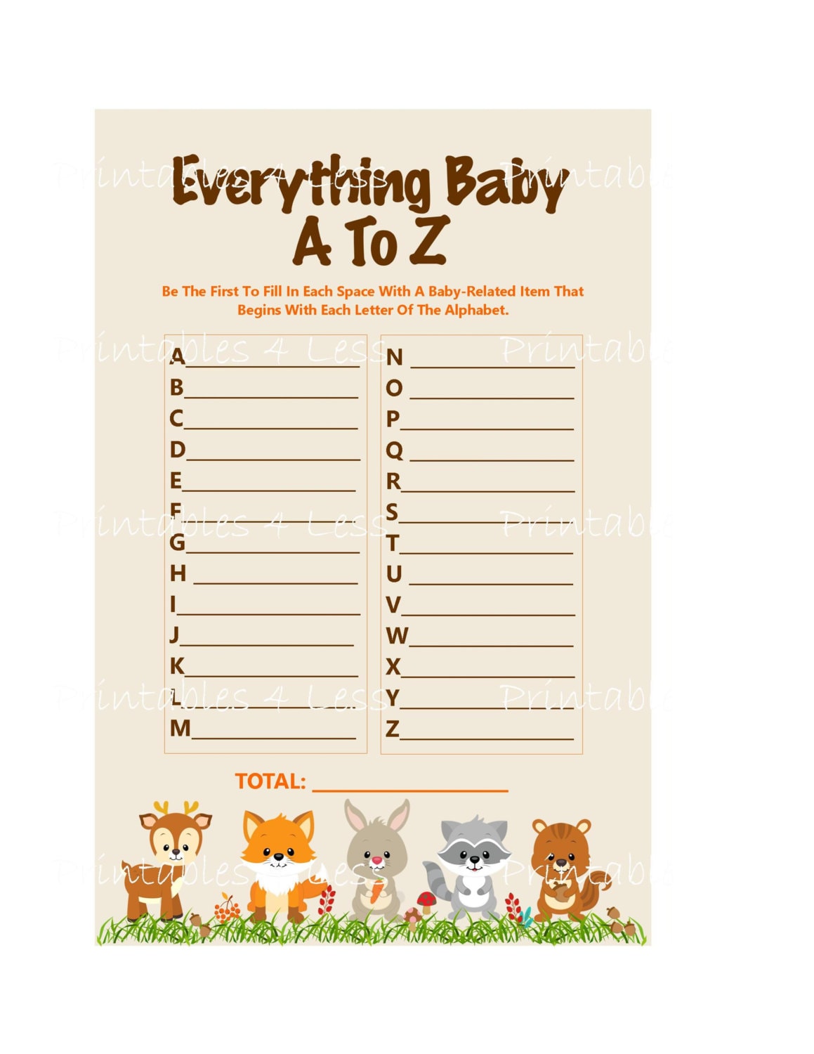 Woodland Baby Alphabet Game Printable Baby Shower Baby ABCs