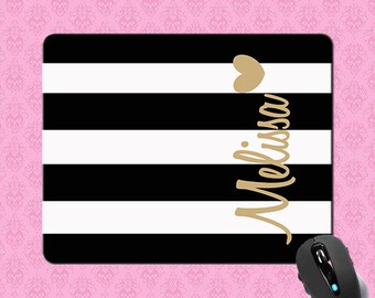Monogrammed Mousepad - Black Stripe Gold Heart , Personalized Mouse pad , Monogram Mousepad