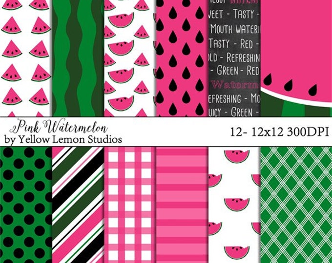 Watermelon Digital Papers "PINK WATERMELON" summer, green, sweet, juicy, picnic, chalkboard, scrapbook, background, seeds, family, sun, pink