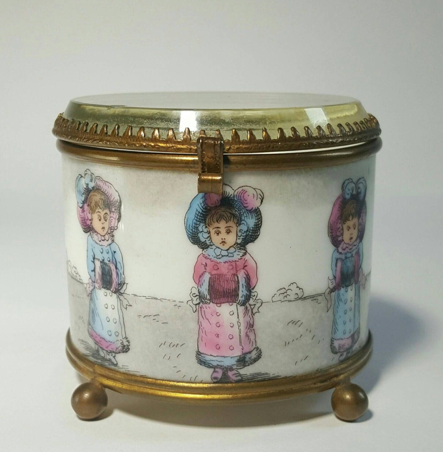 Vintage Porcelain Jewelry Box with Beveled Glass
