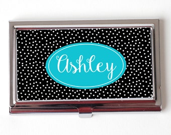 business card holder - turquoise & black holder for business cards