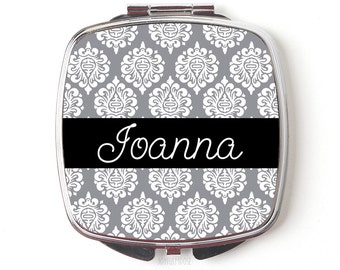 Personalized Compact Mirror - Personalized Bridesmaids Gifts - Gray Damask Compact Mirrors