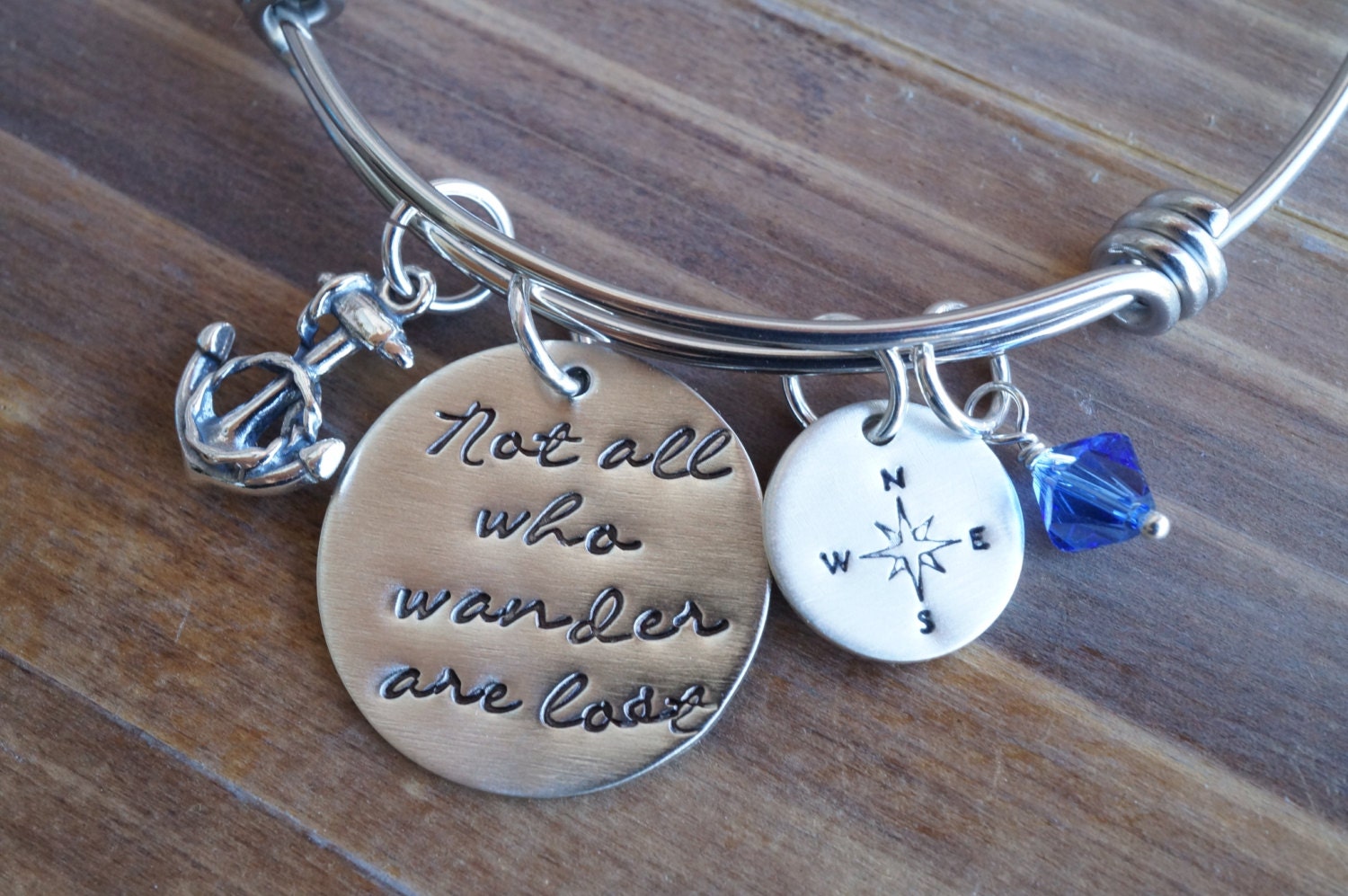 Not All Who Wander Are Lost Bangle Bracelet with Compass, Anchor & Swarovski Stone | Graduation Gift | Gift for Her | Inspiration Gift