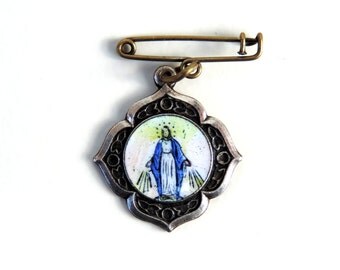 French Vintage Virgin Mary Brooch/Vintage Enamel Virgin Mary Brooch/French Religious Pendant/Virgin Mary Brooch