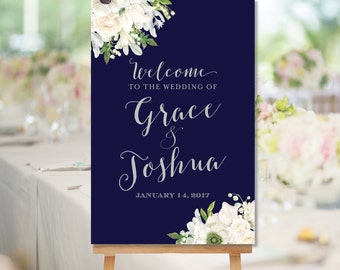 Printable Wedding Welcome Sign Navy Gray White Watercolor Flowers White Floral Welcome Sign Digital Sign pdf jpg The Grace
