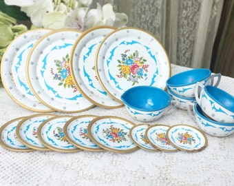 17 pc Mid Century Blue Floral Tin Litho Garden Tea party set, Ohio art, dish Plates, Toy, nursery décor decorative, flower, shabby chic