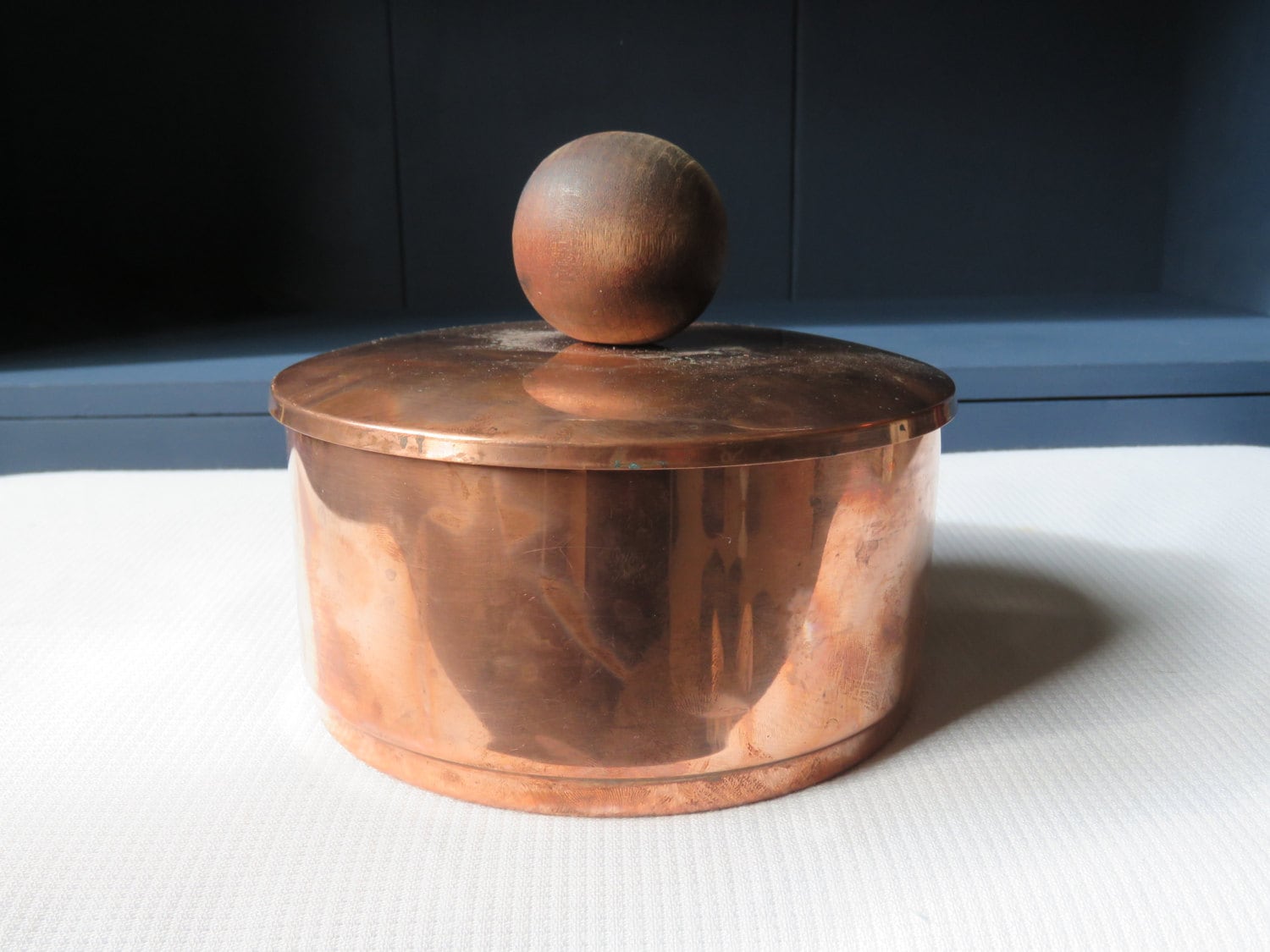 Antique Copper Container Round Cylindar Jar w/ Lid & Wooden Knob