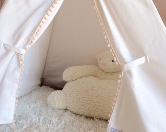 Kids Teepee Pom Fringe - childs teepee, girls teepee, pom pom teepee, nursery decor, play teepee, white teepee, tipi tent, girl nursery