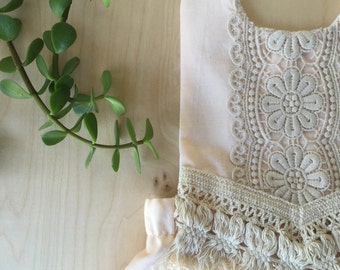 Boho Baby Romper Play Suit, blush cotton and macrame trim - 3-6m, 6-12m, 12-18m, 24m, 2/3T, 4/5T