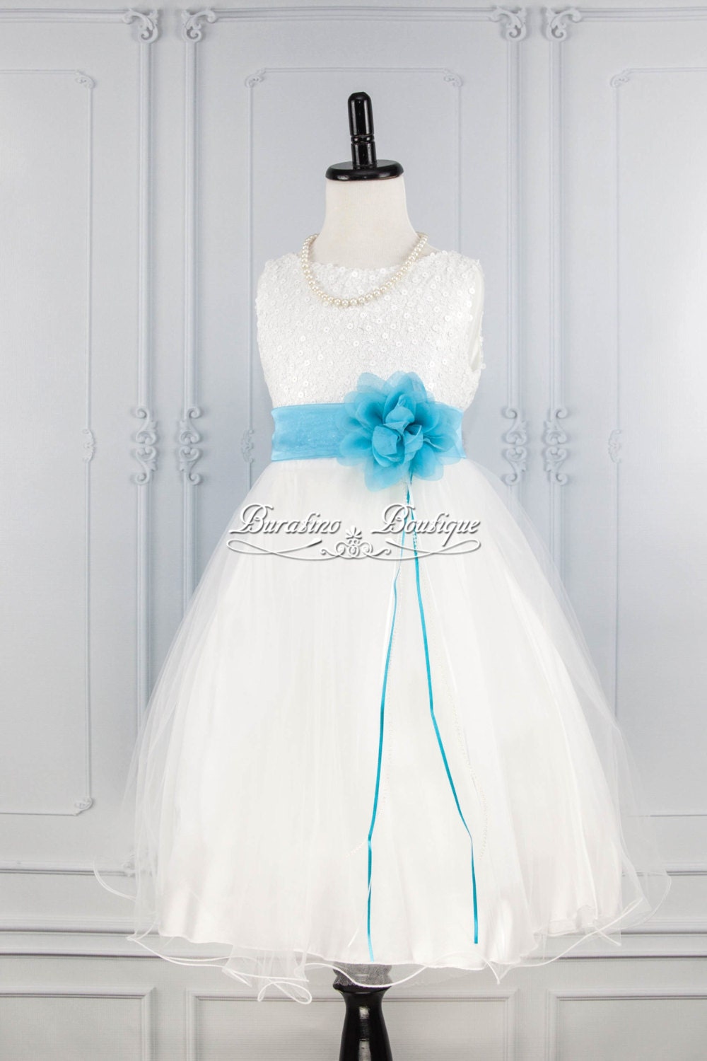 WHITE Sequin Flower Girl Dress Turquoise Sash by BURATINOBOUTIQUE