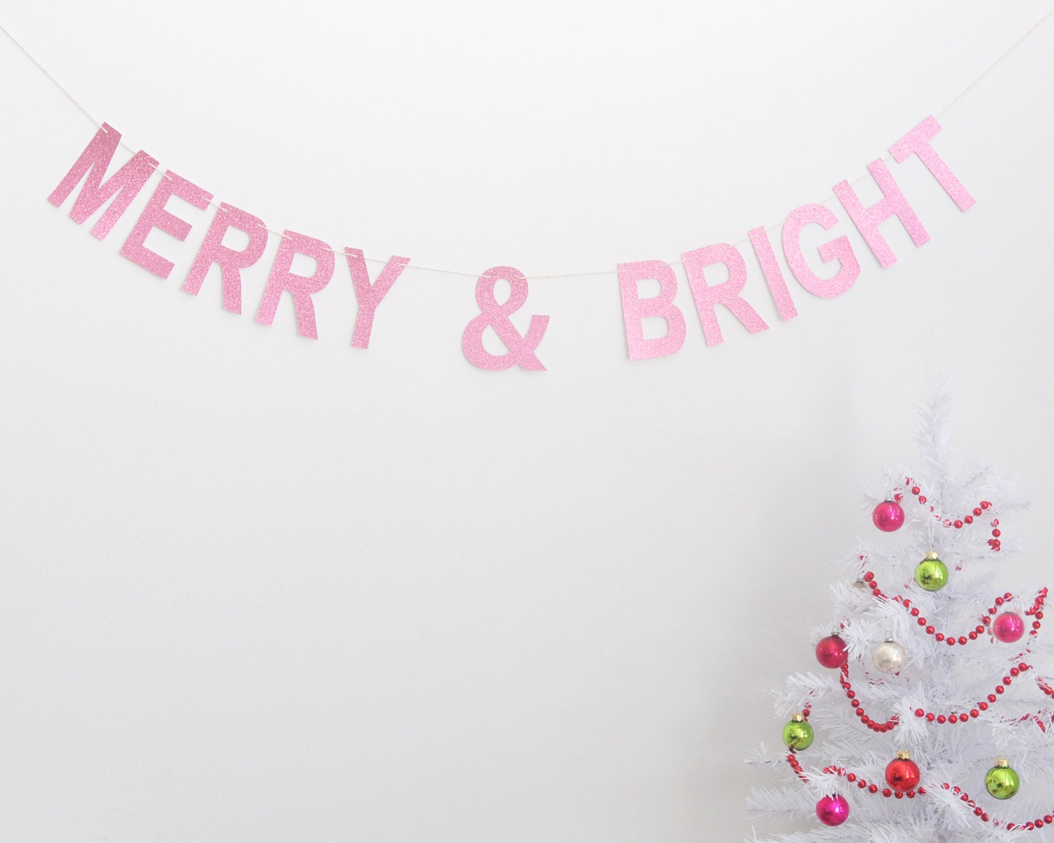 Christmas Garland pink MERRY AND BRIGHT banner handmade