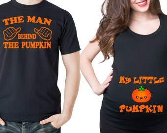 Pregnancy Couple Halloween Pumpkin Halloween Costume Man Behind The PumpkinT-shirts Funny Pregnancy Couple Tees