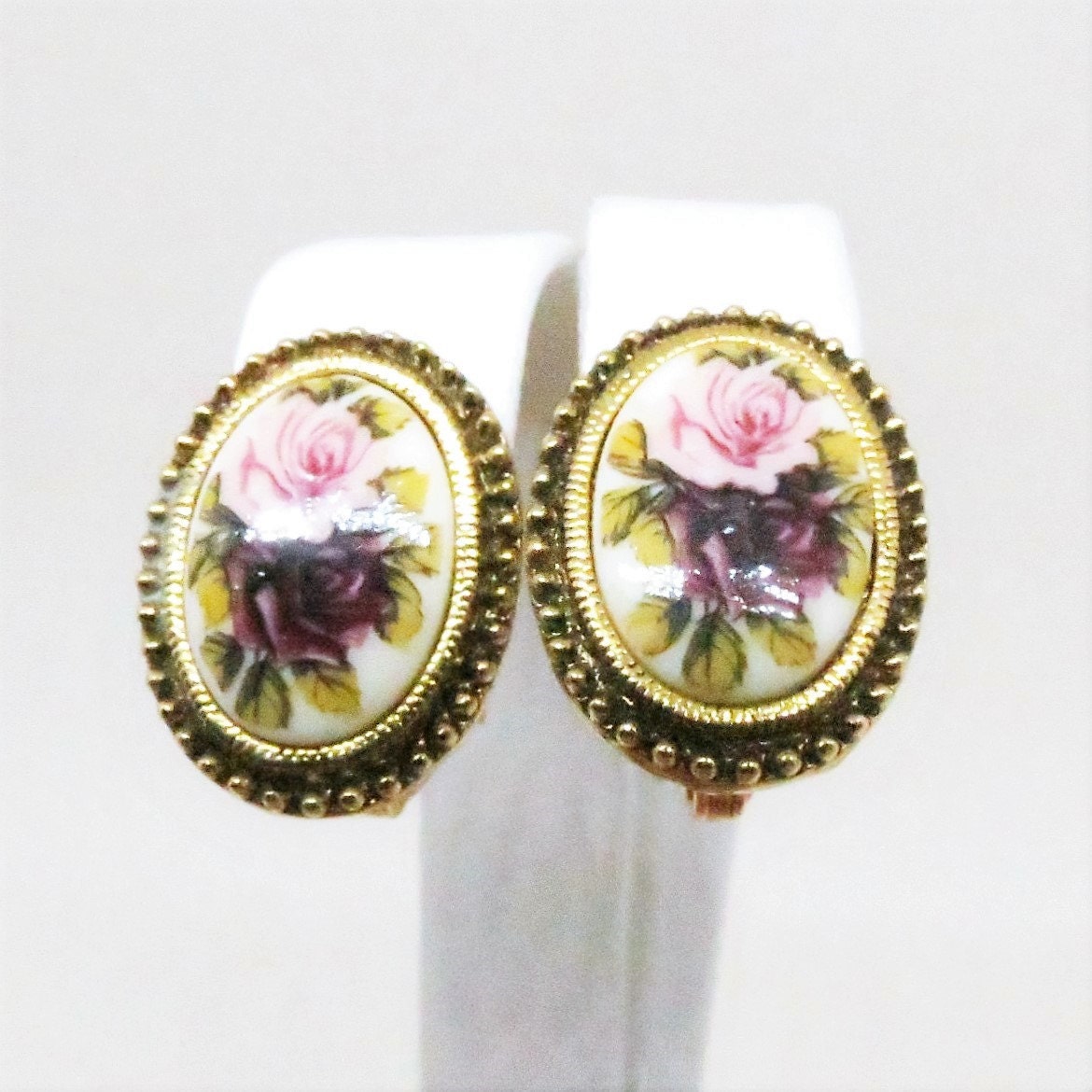 Enamel Earrings Vintage Gold Tone Floral Enamel Clipon