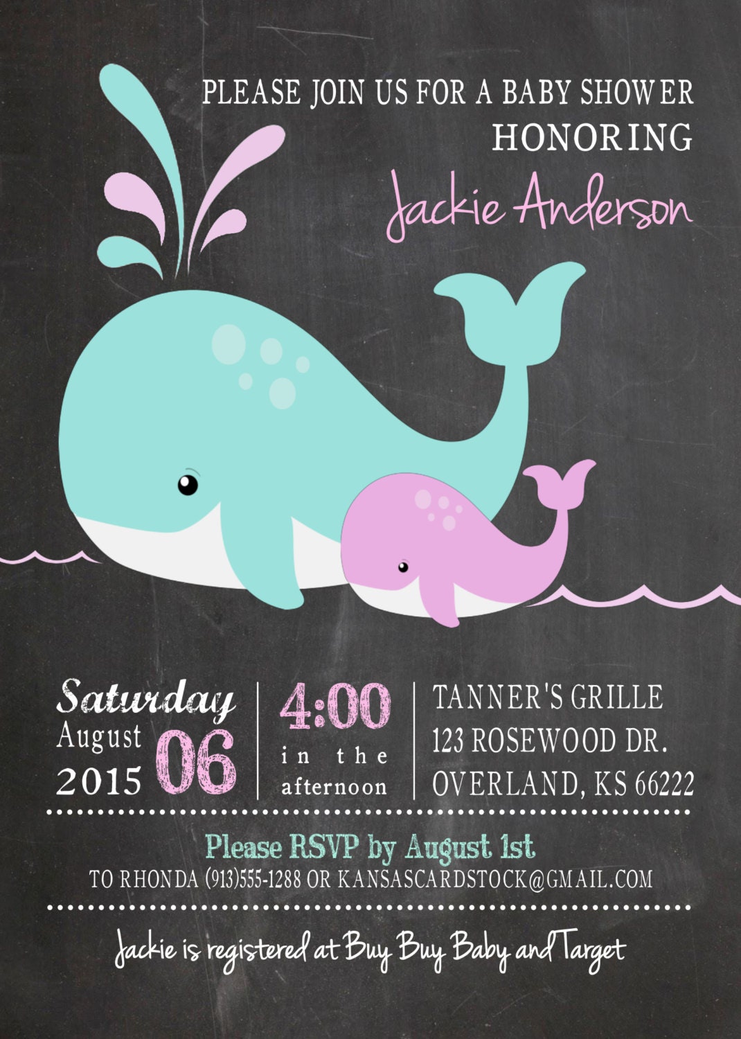 Whale Girl Baby Shower Invitation Chalkboard by KansasCardstock