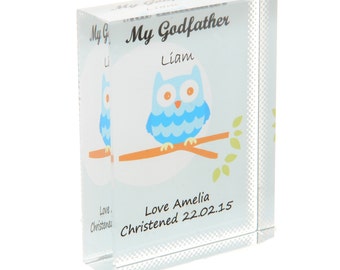 Personalised Owl Godfather Glass Block Keepsake - Personalized Gift For God Father - Christening - Thank You From Godchild