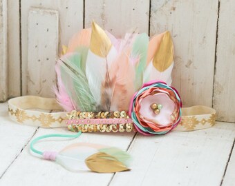 Peach, Mint, Pink and Gold Dipped Feather Headband, Indie Headdress, Feather Crown