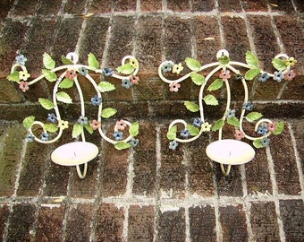 Vintage Shabby Cottage Chippy Tole Metal Flower Wall Sconces Candleholders Pair