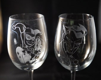Harley Quinn and Joker Etched Wine Glass set or Champagne Flute Set or Pint Glass Set Mad Love