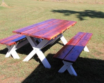 table, table and benches, picnic table, patio table, kitchen table, dining room table, outdoor table and benches,