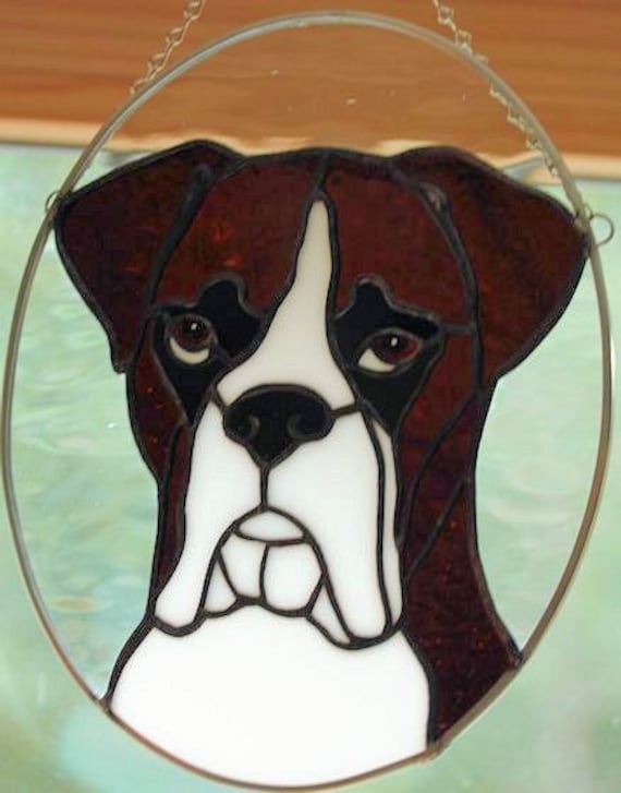 Boxer Dog Portrait Stained Glass Suncatcher ears down