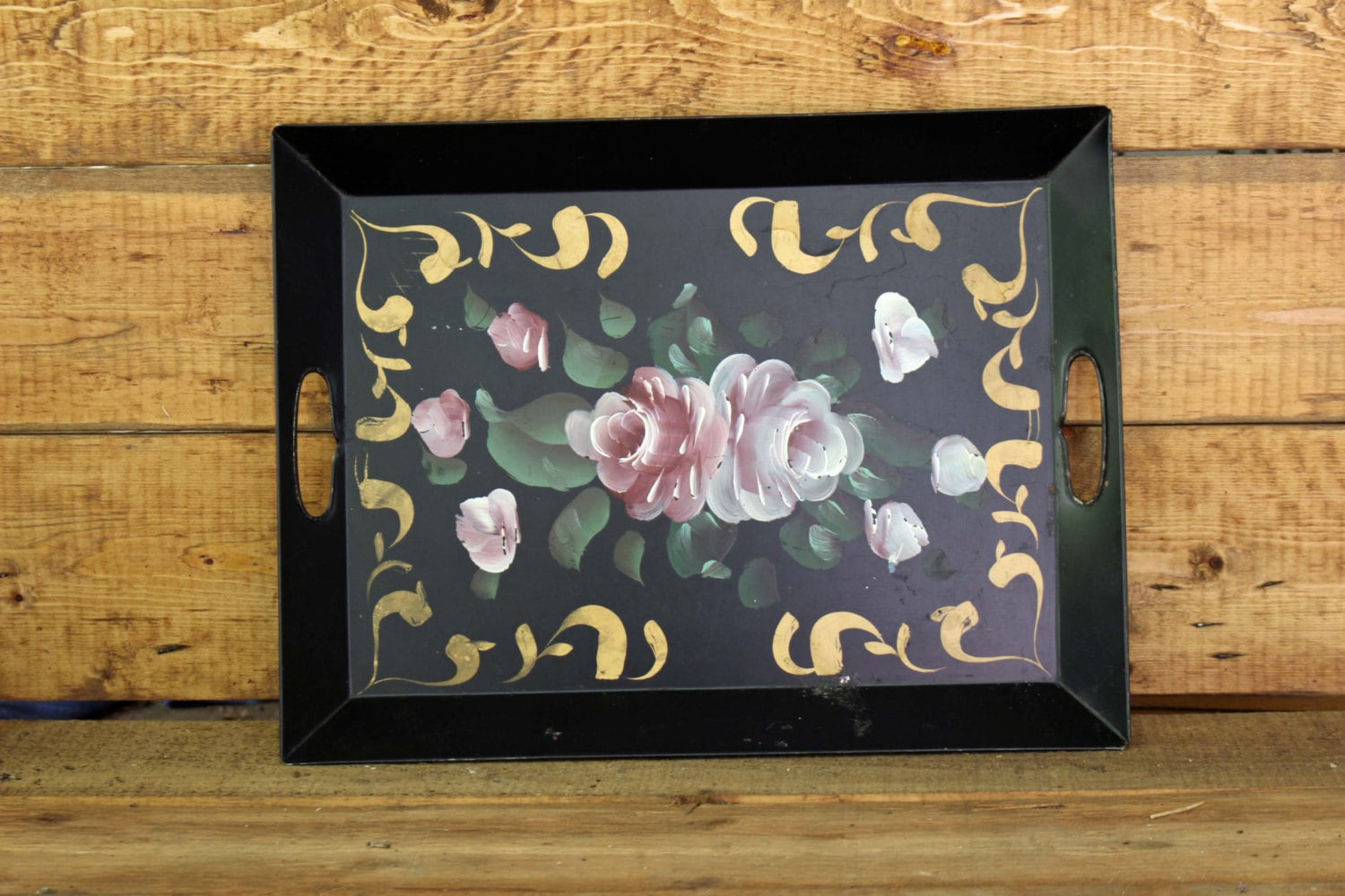 Vintage French Serving Tray, Black Hand Painted Toile Flowers Rustic