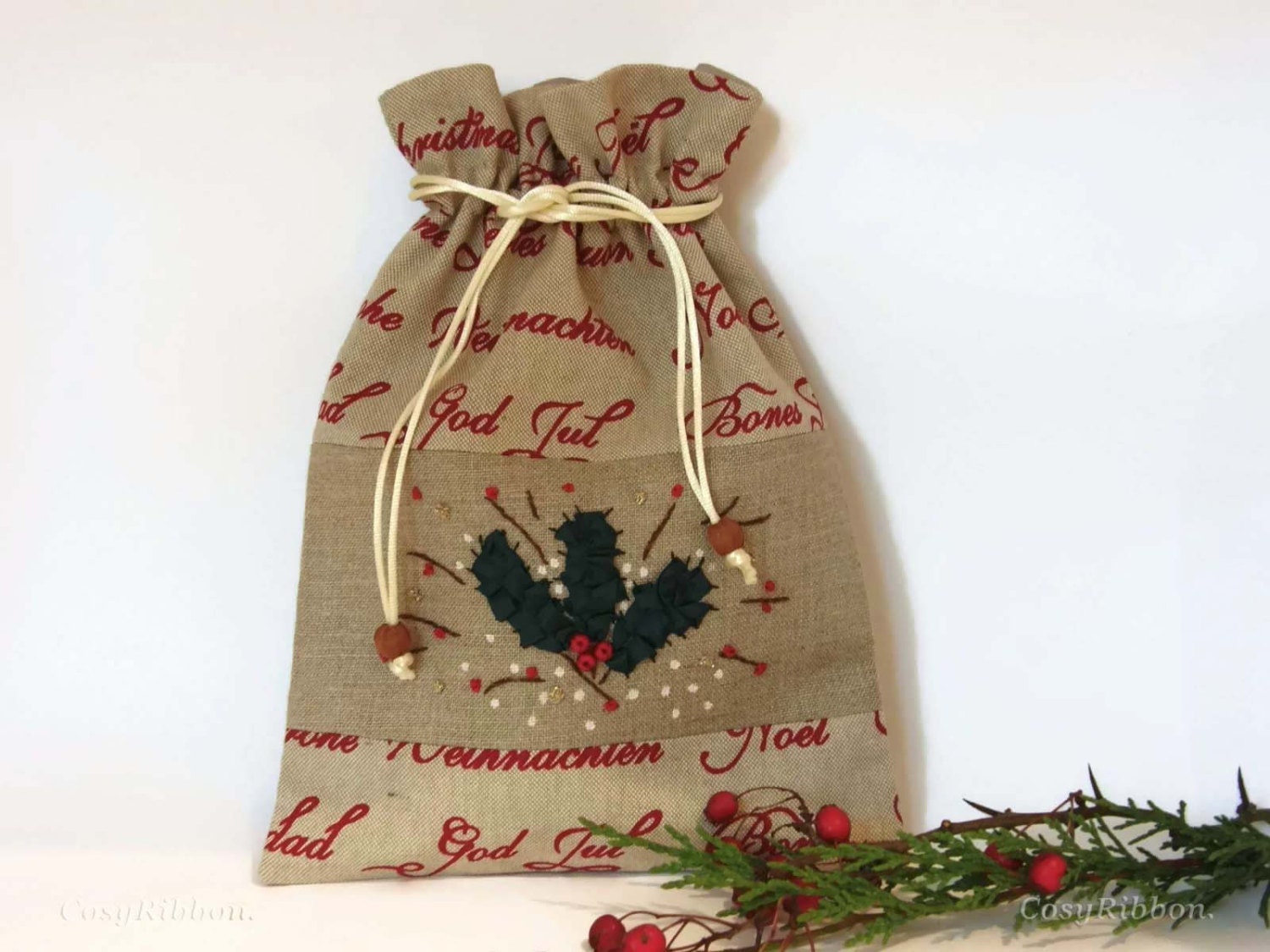 Santa Sack Linen Gift Bag Holy Christmas Bag by cosyribbon