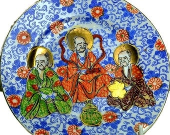 4 Japanese Moriage Porcelain Blue Plates, Decorative Plates for Oriental Decor, Wall Plates or Asian Kitchen, Japanese Ceramics and Pottery