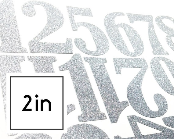 Silver non-shed glitter number stickers 2 inch tall for