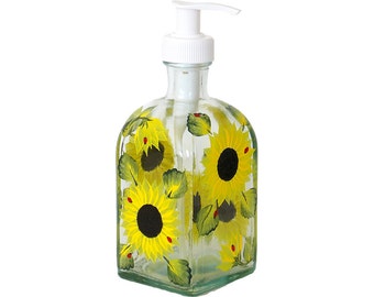 Hand Painted Glass Bottle Dish Soap Dispenser with Pump Sunflowers Hand Painted Glassware Painted Soap Lotion Shampoo Dispensers Flowers