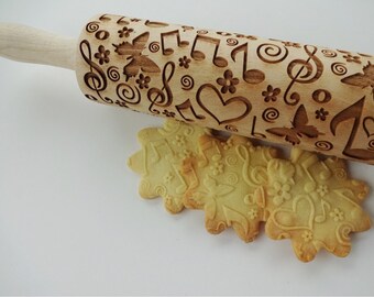 SUMMER TIME Embossing Rolling pin. Laser cut rolling pin for embossed cookies. flowers. Floral. Music. Music notes. Treble clef. Butterfly