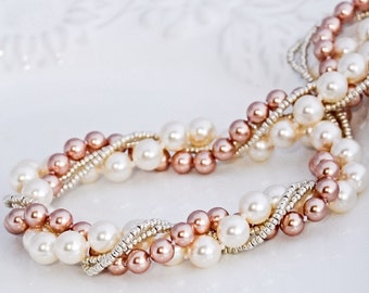 Rose Gold Pearl Necklace Cream Twisted Pearl Jewelry Rose Bridesmaids necklace Chunky Pearl Jewelry Gift for Her Under Blush Bridal Jewelry