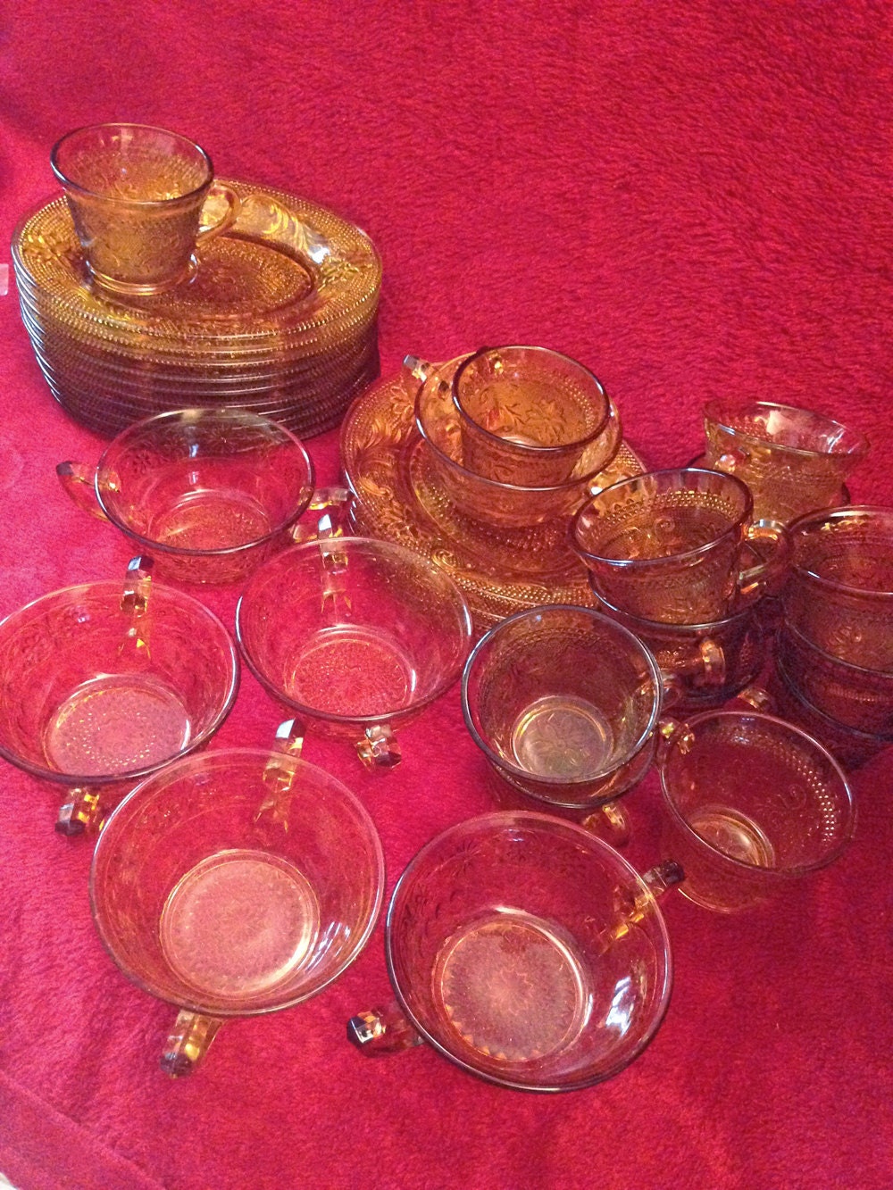 Indiana Glass Amber Tiara Glass Plates Snack Plates Cups