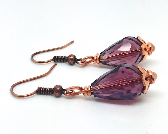 Gold rose purple teardrop earrings, gold purple earrings, delicate purple drop earrings