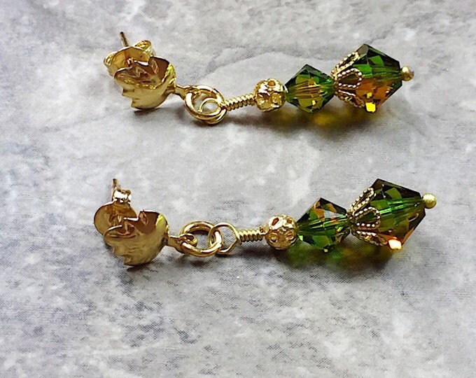 Green Swarovski earrings - xillion fern green topaz - green crystal earrings - green topaz dangle - 18k gold plated earrings