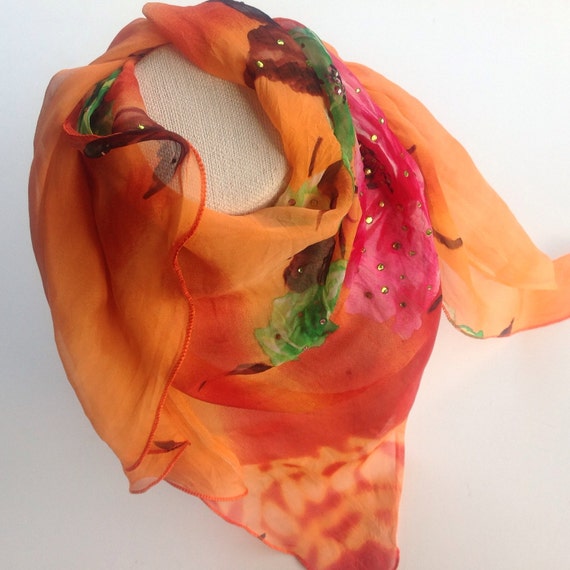 Vintage silk shawl Holiday gift Orange Floral Triangle